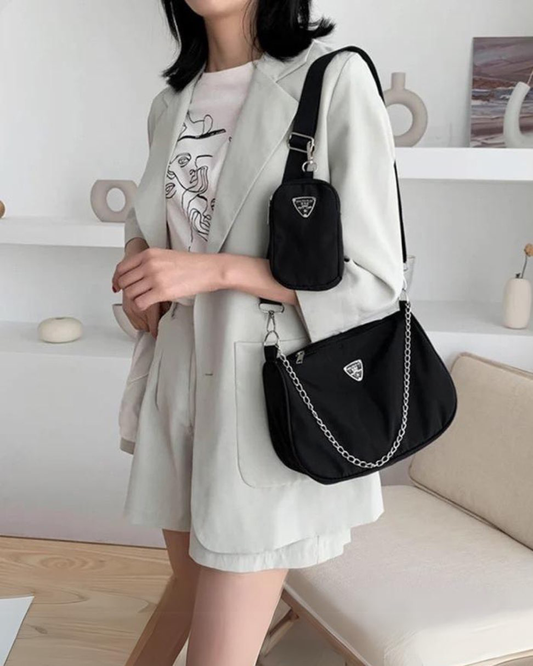Black Chained Shoulder Bag w/ Detachable Pouch