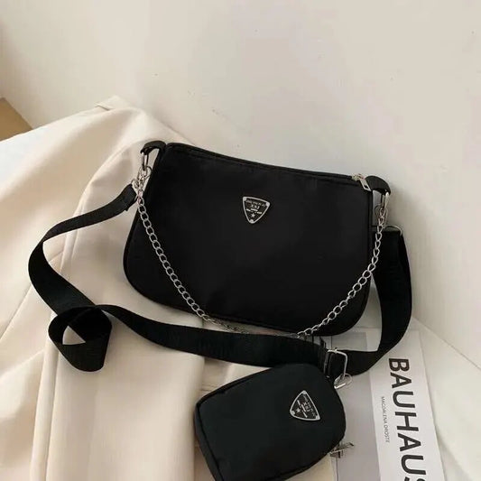 Black Chained Shoulder Bag w/ Detachable Pouch